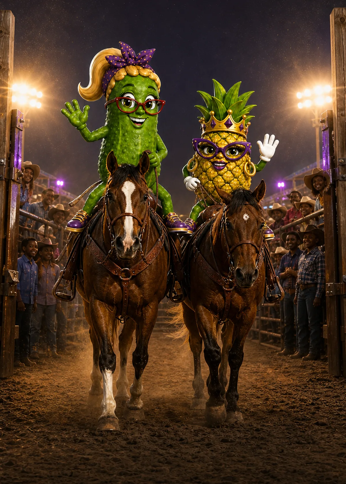 Miss Merry's pickle and pineapple characters riding into a rodeo arena